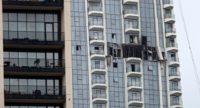 Damage to the Dubai Creek Harbour Tower after an Iranian drone attack.